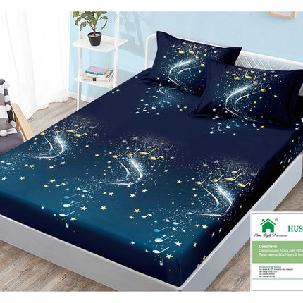 Husă de pat cu elastic din Bumbac Finet + 2 Fețe de Pernă, 140x200, Cod: DRM413