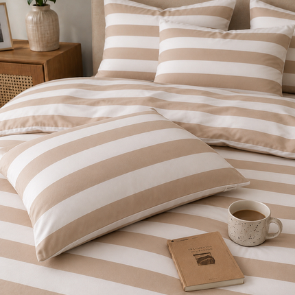 Lenjerie de Pat Matrimonială 4 Piese – Dungi Crem & Alb, Cod: DNG3