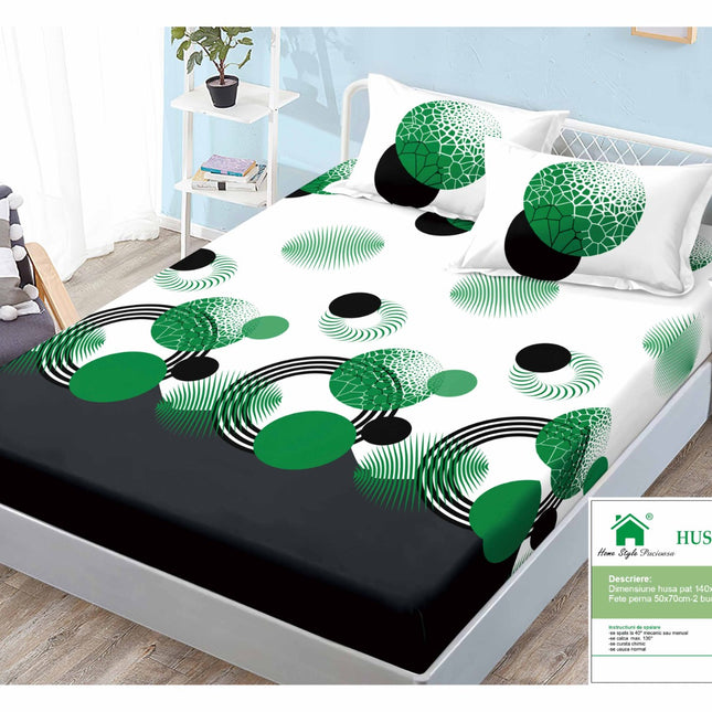 Husă de pat cu elastic din Bumbac Finet + 2 Fețe de Pernă, 140x200, Cod: DRM414