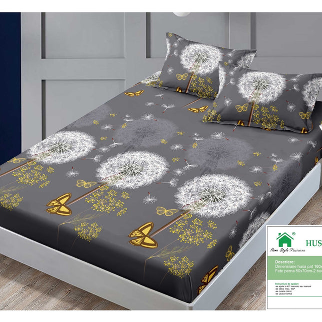 Husă de pat cu elastic din Bumbac Finet + 2 Fețe de Pernă, 160x200, Cod: DRM52