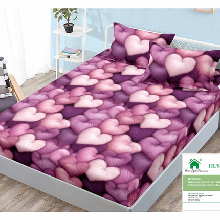 Husă de pat cu elastic din Bumbac Finet + 2 Fețe de Pernă, 160x200, Cod: DRM118