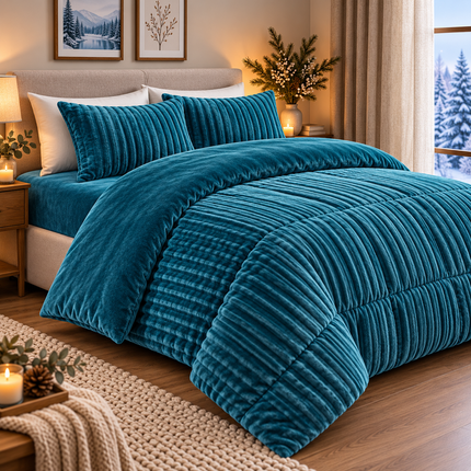 Set de Pat Premium 4 Piese Luxury Touch – tip Blăniță de Iepure & Catifea Moale, Pilotă 200×230 cm, Cearșaf cu Elastic + 2 Fețe de Pernă, Cod: EXW7