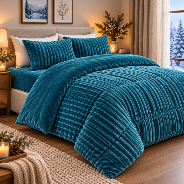 Set de Pat Premium 4 Piese Luxury Touch – tip Blăniță de Iepure & Catifea Moale, Pilotă 200×230 cm, Cearșaf cu Elastic + 2 Fețe de Pernă, Cod: EXW7