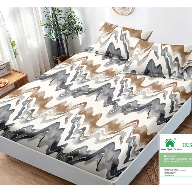 Husă de pat cu elastic din Bumbac Finet + 2 Fețe de Pernă, 180x200, Cod: DRM40