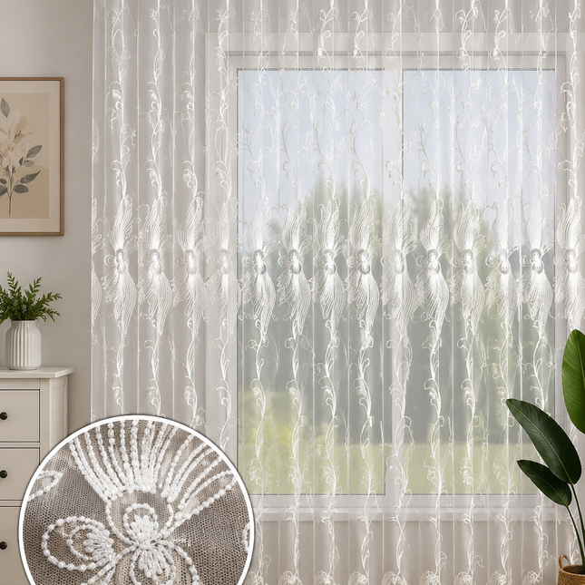 Perdea voal brodată premium – Model Floral Elegant – 400 × 250 cm, cod: MFE1