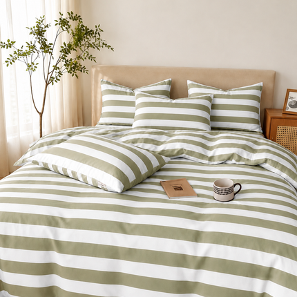 Lenjerie de Pat Matrimonială 4 Piese – Dungi Verde Salvie & Alb, Cod: DNG1