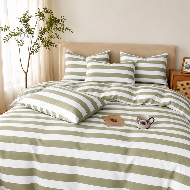 Lenjerie de Pat Matrimonială 4 Piese – Dungi Verde Salvie & Alb, Cod: DNG1