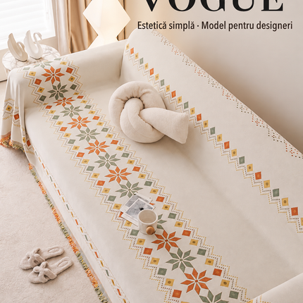 Husă pentru canapea din chenille premium, crem cu motive geometrice multicolore, 180 × 260 cm, Cod: PRMV20