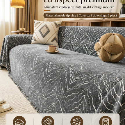 Cuvertură Chenille Premium – Gri Antracit cu Model Abstract Ondulat, Stil Vintage | 180 × 300 cm, Cod: PRMV42