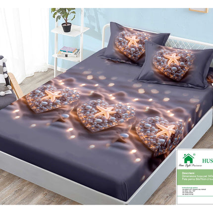 Husă de pat cu elastic din Bumbac Finet + 2 Fețe de Pernă, 140x200, Cod: DRM410