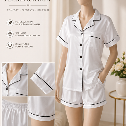 Set Pijama Damă Satinată cu Nasturi – Cămașă & Pantaloni Scurți, Alb, Cod: LUXE3