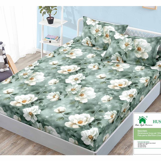 Husă de pat cu elastic din Bumbac Finet + 2 Fețe de Pernă, 160x200, Cod: DRM142