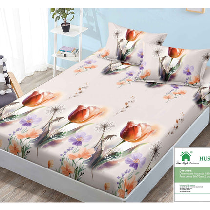 Husă de pat cu elastic din Bumbac Finet + 2 Fețe de Pernă, 180x200, Cod: DRM82