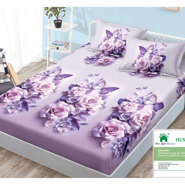 Husă de pat cu elastic din Bumbac Finet + 2 Fețe de Pernă, 140x200, Cod: DRM402