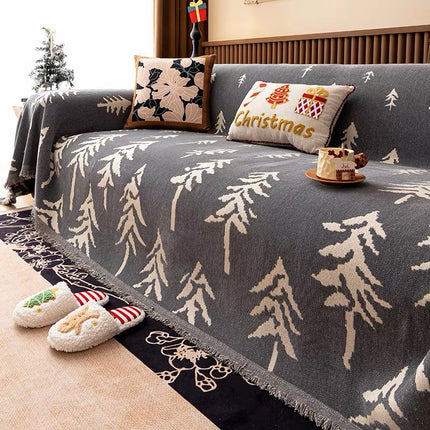 Cuvertură Chenille Premium – Gri cu Brazi Albi, Model de Iarnă | 180 × 300 cm, Cod: PRMV45