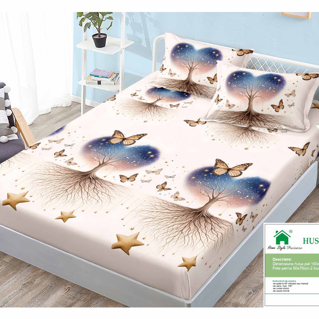 Husă de pat cu elastic din Bumbac Finet + 2 Fețe de Pernă, 160x200, Cod: DRM115