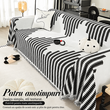 Cuvertură Chenille Premium – Alb cu Negru, Model Grafic Modern | 180 × 260 cm, Cod: PRMV28