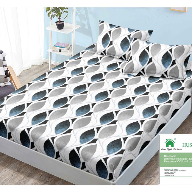 Husă de pat cu elastic din Bumbac Finet + 2 Fețe de Pernă, 180x200, Cod: DRM92