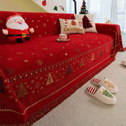 Cuvertură Chenille Premium – Roșu Festiv cu Fulgi de Nea și Brazi de Crăciun | 180 × 300 cm, Cod: PRMV35