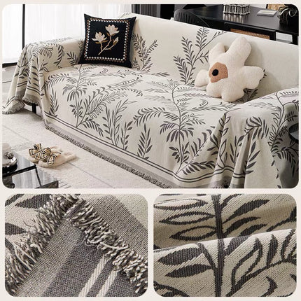 Husă pentru canapea din chenille, model botanic cu frunze, crem și gri, 180 × 300 cm, Cod: PRMV18