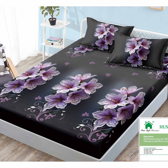 Husă de pat cu elastic din Bumbac Finet + 2 Fețe de Pernă, 140x200, Cod: DRM406