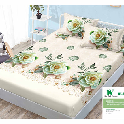 Husă de pat cu elastic din Bumbac Finet + 2 Fețe de Pernă, 140x200, Cod: DRM405