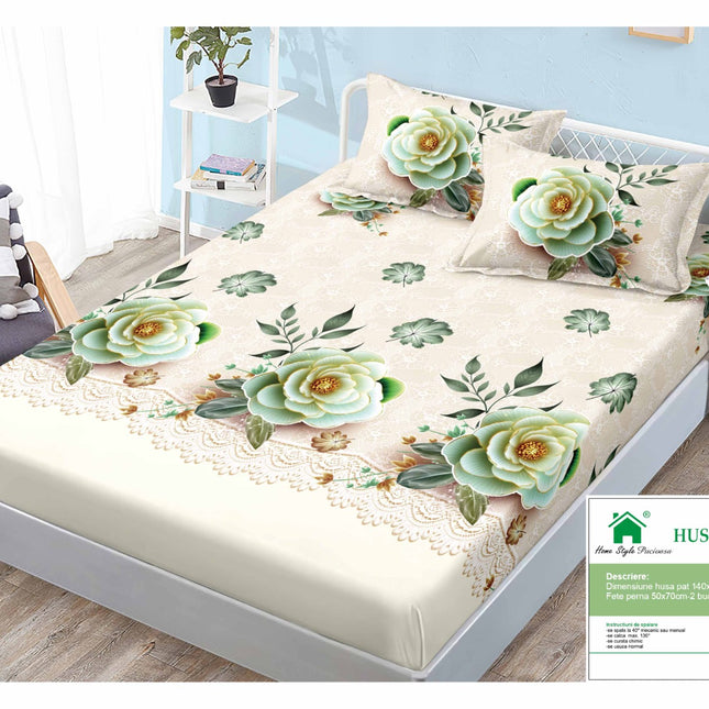 Husă de pat cu elastic din Bumbac Finet + 2 Fețe de Pernă, 140x200, Cod: DRM405