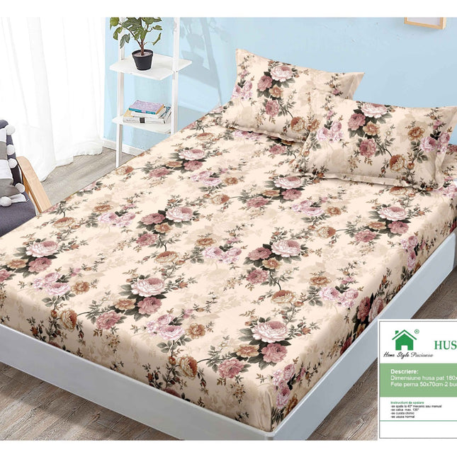 Husă de pat cu elastic din Bumbac Finet + 2 Fețe de Pernă, 180x200, Cod: DRM95