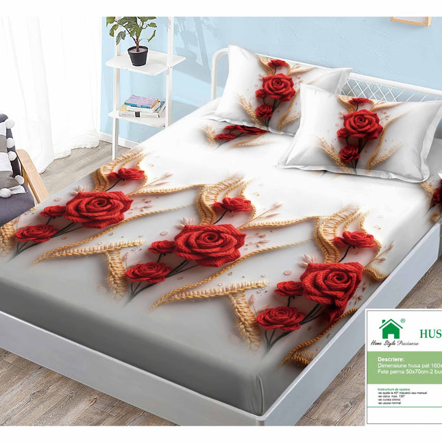 Husă de pat cu elastic din Bumbac Finet + 2 Fețe de Pernă, 160x200, Cod: DRM134