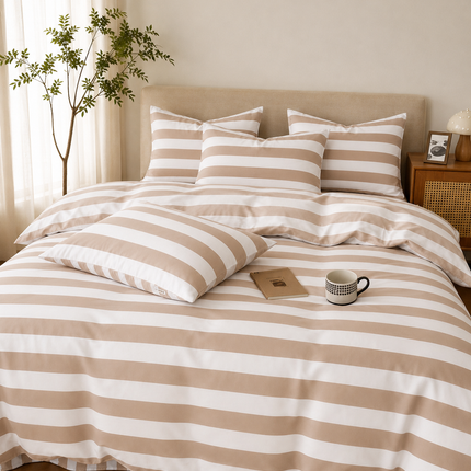 Lenjerie de Pat Matrimonială 4 Piese – Dungi Crem & Alb, Cod: DNG3