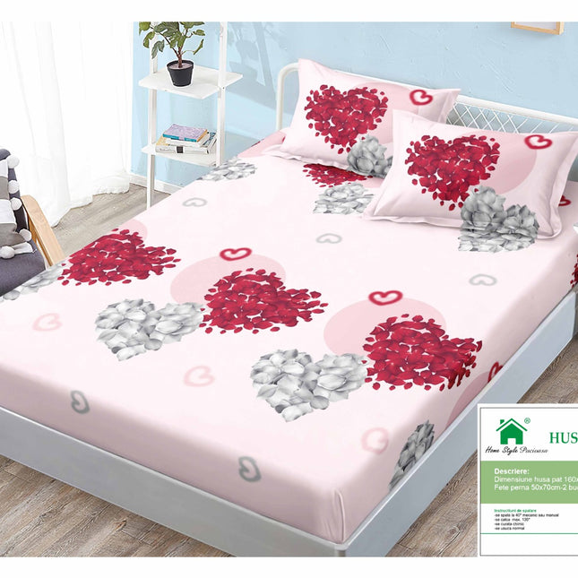 Husă de pat cu elastic din Bumbac Finet + 2 Fețe de Pernă, 160x200, Cod: DRM119