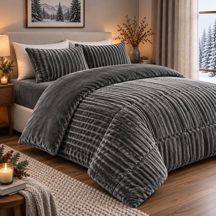 Set de Pat Premium 4 Piese Luxury Touch – tip Blăniță de Iepure & Catifea Moale, Pilotă 200×230 cm, Cearșaf cu Elastic + 2 Fețe de Pernă, Cod: EXW4