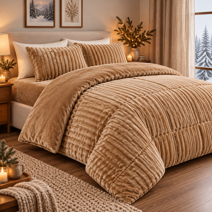 Set de Pat Premium 4 Piese Luxury Touch – tip Blăniță de Iepure & Catifea Moale, Pilotă 200×230 cm, Cearșaf cu Elastic + 2 Fețe de Pernă, Cod: EXW5