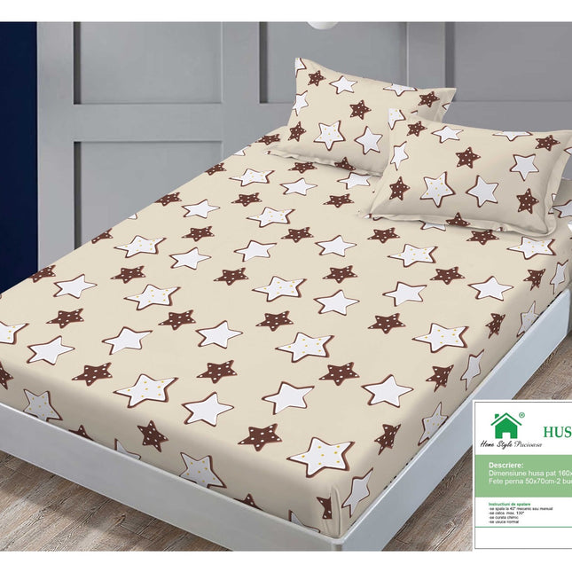 Husă de pat cu elastic din Bumbac Finet + 2 Fețe de Pernă, 160x200, Cod: DRM53