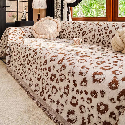 Husă pentru canapea din chenille, model animal print, crem și maro, 180 × 300 cm, Cod: PRMV12