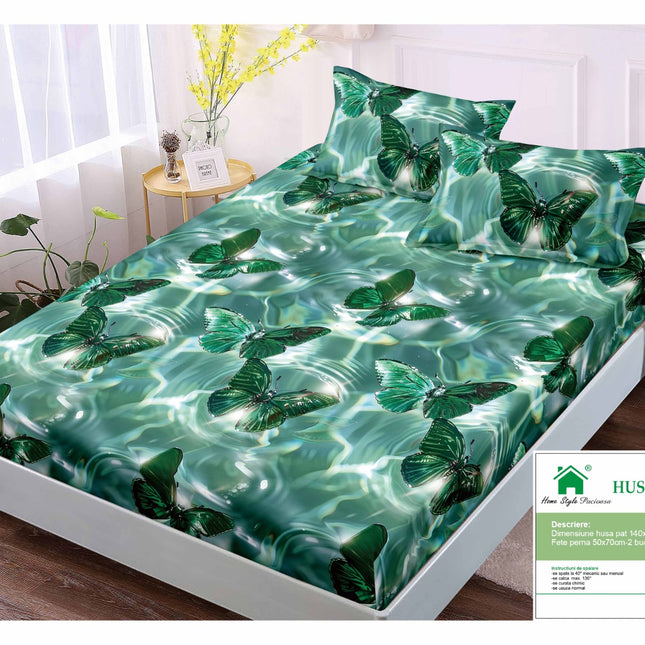 Husă de pat cu elastic din Bumbac Finet + 2 Fețe de Pernă, 140x200, Cod: DRM407