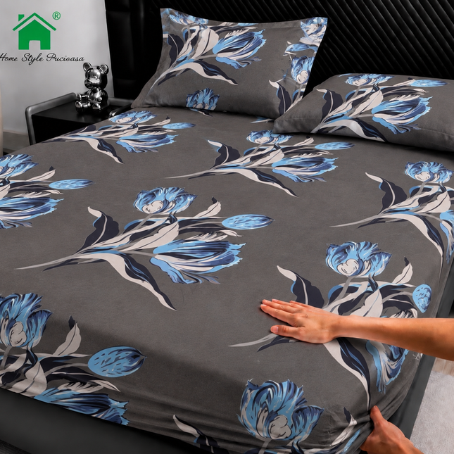 Husă de pat cu elastic din Bumbac Finet + 2 Fețe de Pernă, 180x200, Cod: DRM152