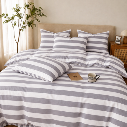 Lenjerie de Pat Matrimonială 4 Piese – Dungi Gri deschis & Alb, Cod: DNG5