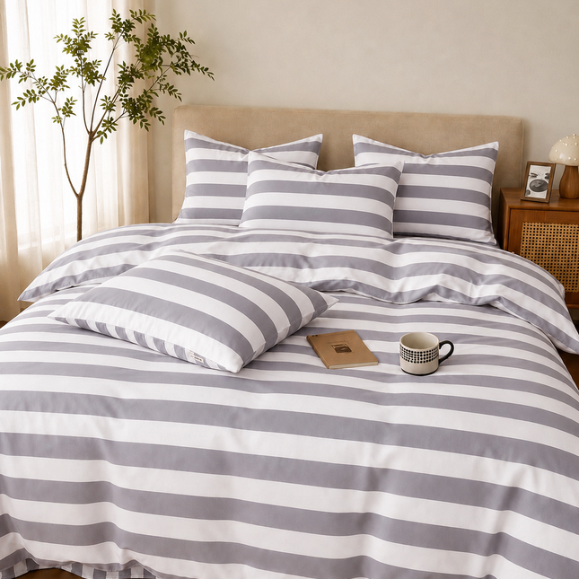 Lenjerie de Pat Matrimonială 4 Piese – Dungi Gri deschis & Alb, Cod: DNG5