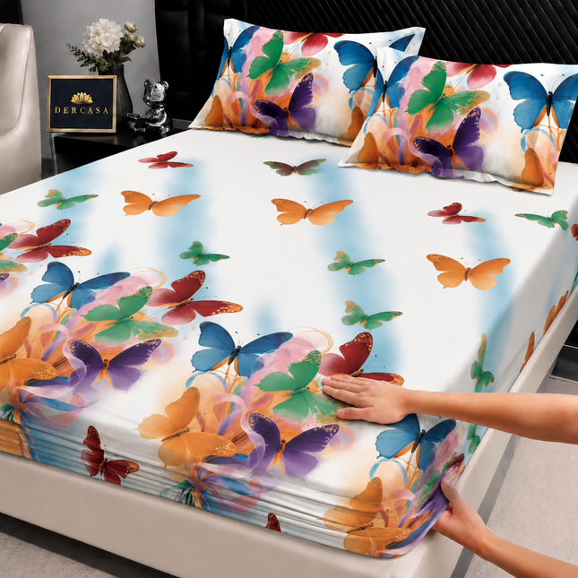 Husă de pat cu elastic din Bumbac Finet + 2 Fețe de Pernă, 160x200, Cod: DRW24