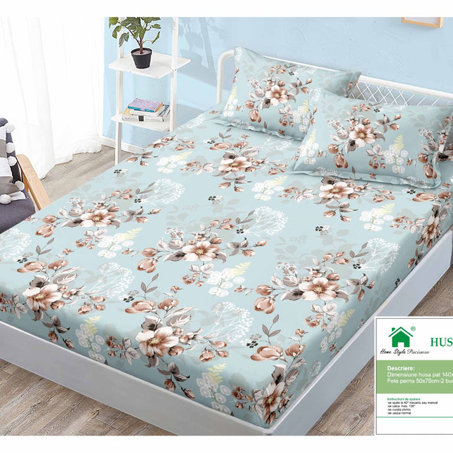Husă de pat cu elastic din Bumbac Finet + 2 Fețe de Pernă, 140x200, Cod: DRM428