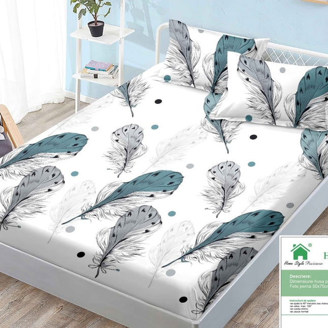 Husă de pat cu elastic din Bumbac Finet + 2 Fețe de Pernă, 180x200, Cod: DRM31