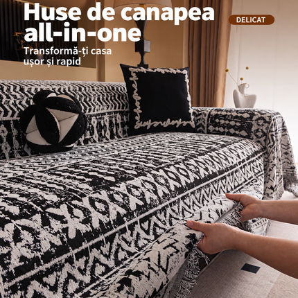 Husă pentru canapea din chenille, model abstract-geometric, alb-negru, 180 × 300 cm, Cod: PRMV15