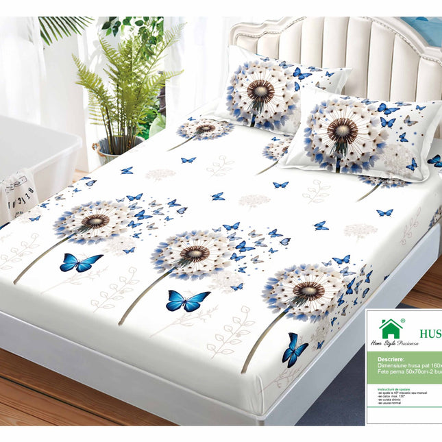 Husă de pat cu elastic din Bumbac Finet + 2 Fețe de Pernă, 160x200, Cod: DRM132
