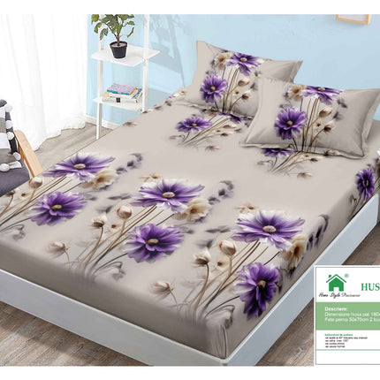Husă de pat cu elastic din Bumbac Finet + 2 Fețe de Pernă, 180x200, Cod: DRM86