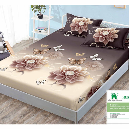 Husă de pat cu elastic din Bumbac Finet + 2 Fețe de Pernă, 160x200, Cod: DRM137