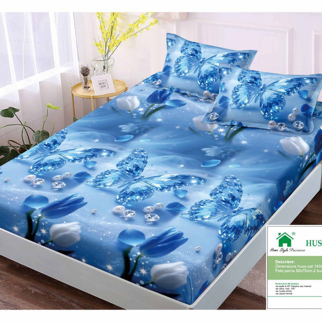 Husă de pat cu elastic din Bumbac Finet + 2 Fețe de Pernă, 140x200, Cod: DRM429