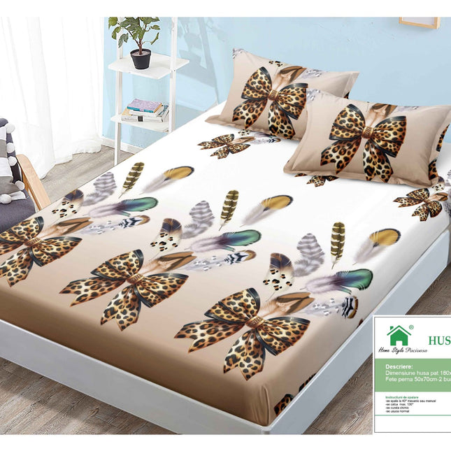 Husă de pat cu elastic din Bumbac Finet + 2 Fețe de Pernă, 180x200, Cod: DRM91