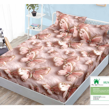 Husă de pat cu elastic din Bumbac Finet + 2 Fețe de Pernă, 160x200, Cod: DRM140
