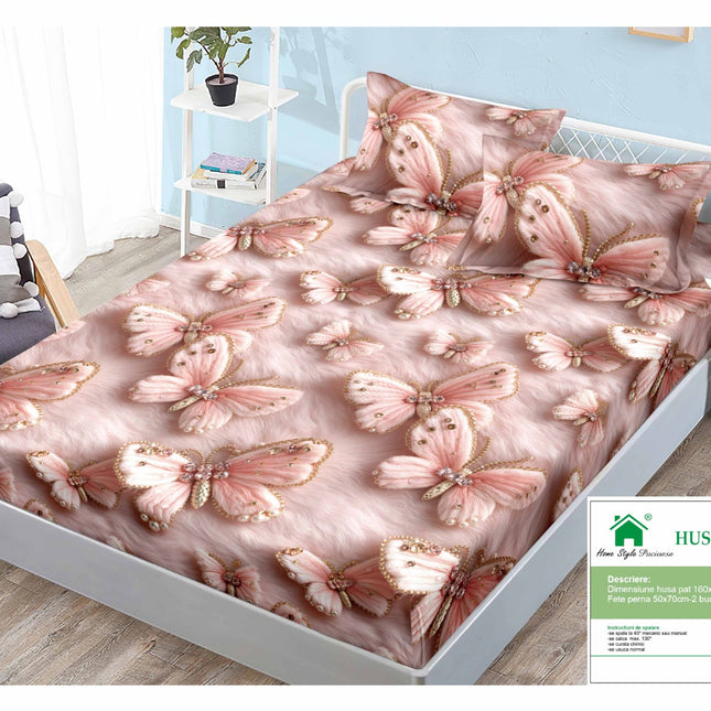Husă de pat cu elastic din Bumbac Finet + 2 Fețe de Pernă, 160x200, Cod: DRM140